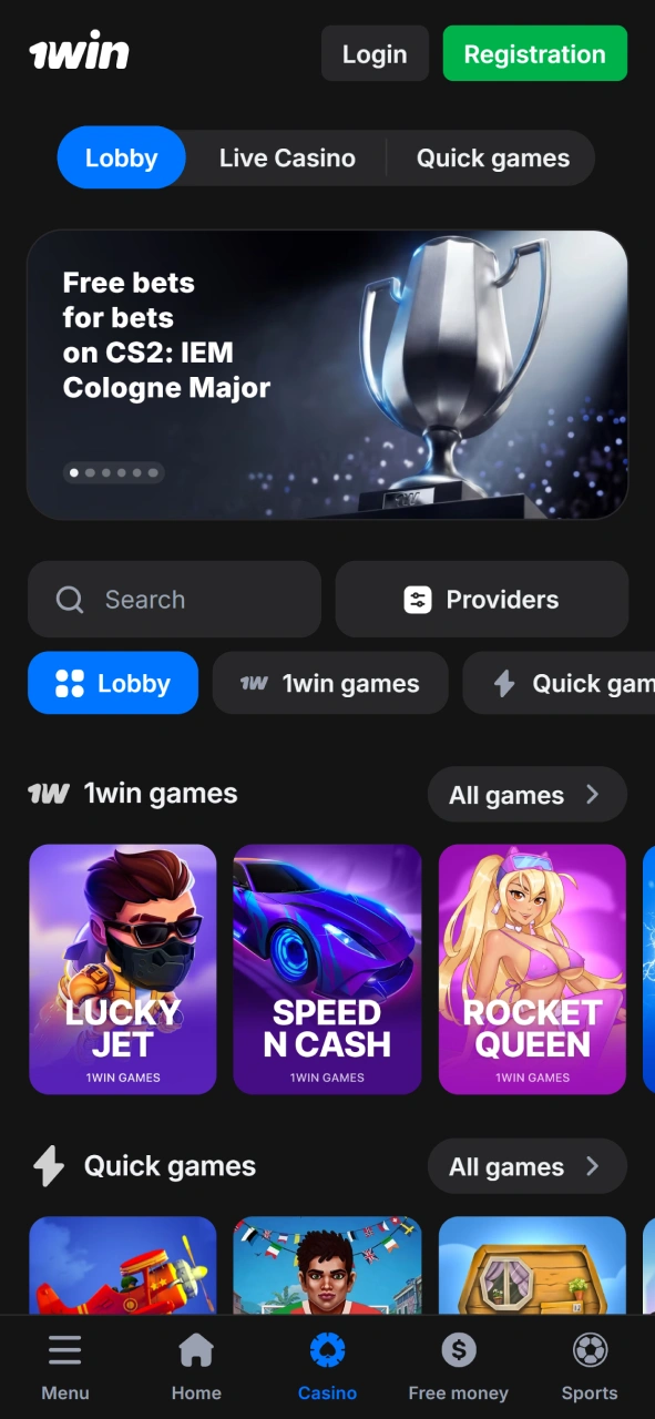 The casino games section of the 1win app.