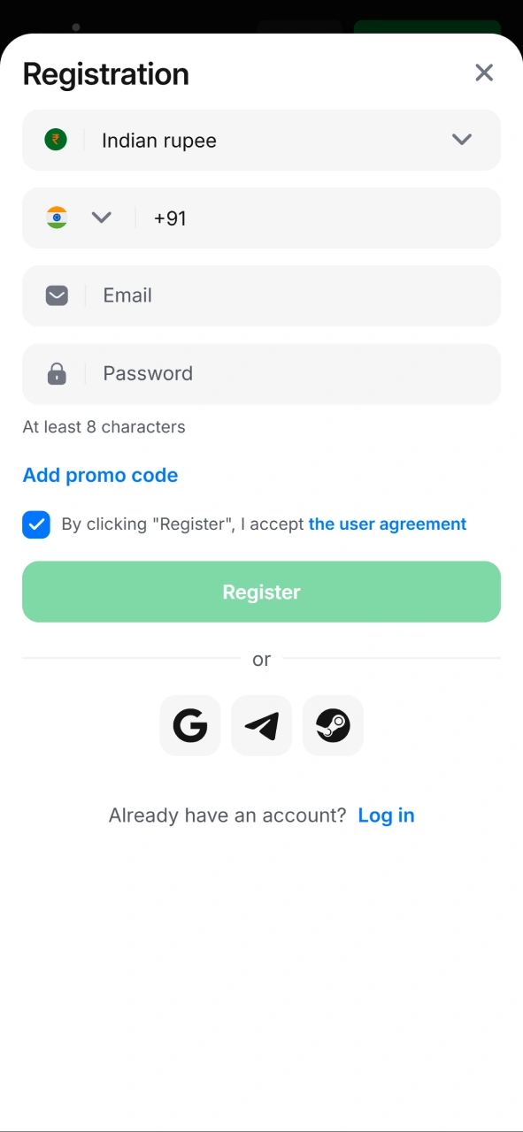 Registration form in the 1win app India.